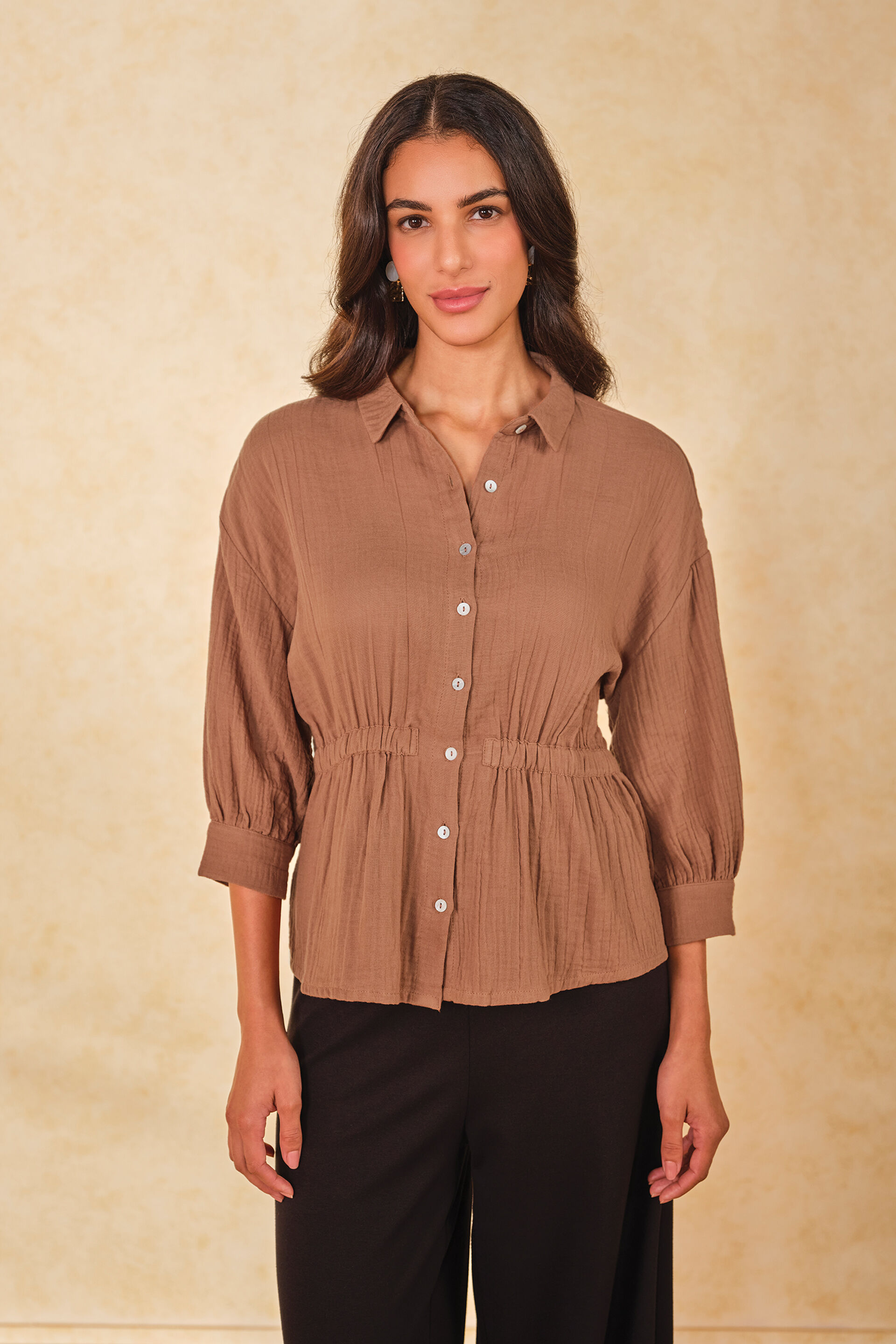 Cocoa Chic Peplum Cotton Shirt, Brown, image 1